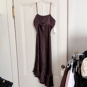 Elegant Rich Brown Silk Dress With Beaded Straps And Assymetric Ruffle